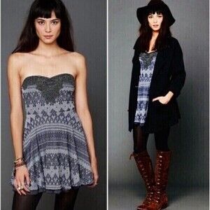 Free People Strapless Mini Dress Women Medium Blue Black Embellished Fairy Goth